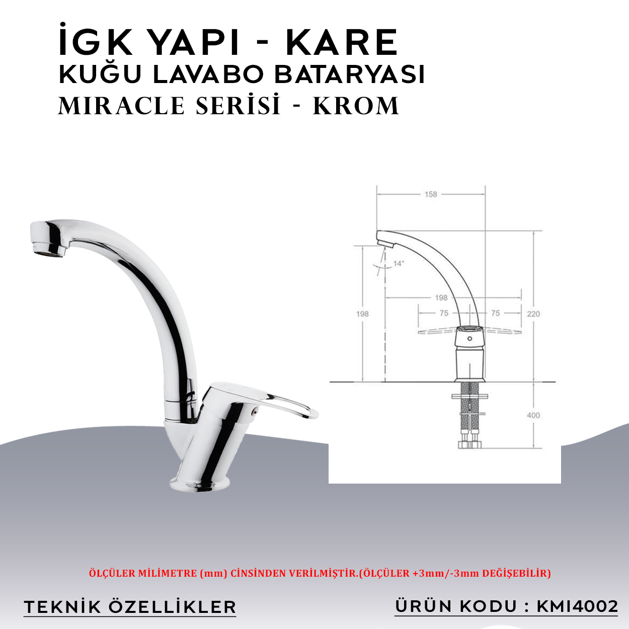 İGK YAPI – KARE KMI4002 Miracle  Kuğu Lavabo Bataryası Thumbnail 4