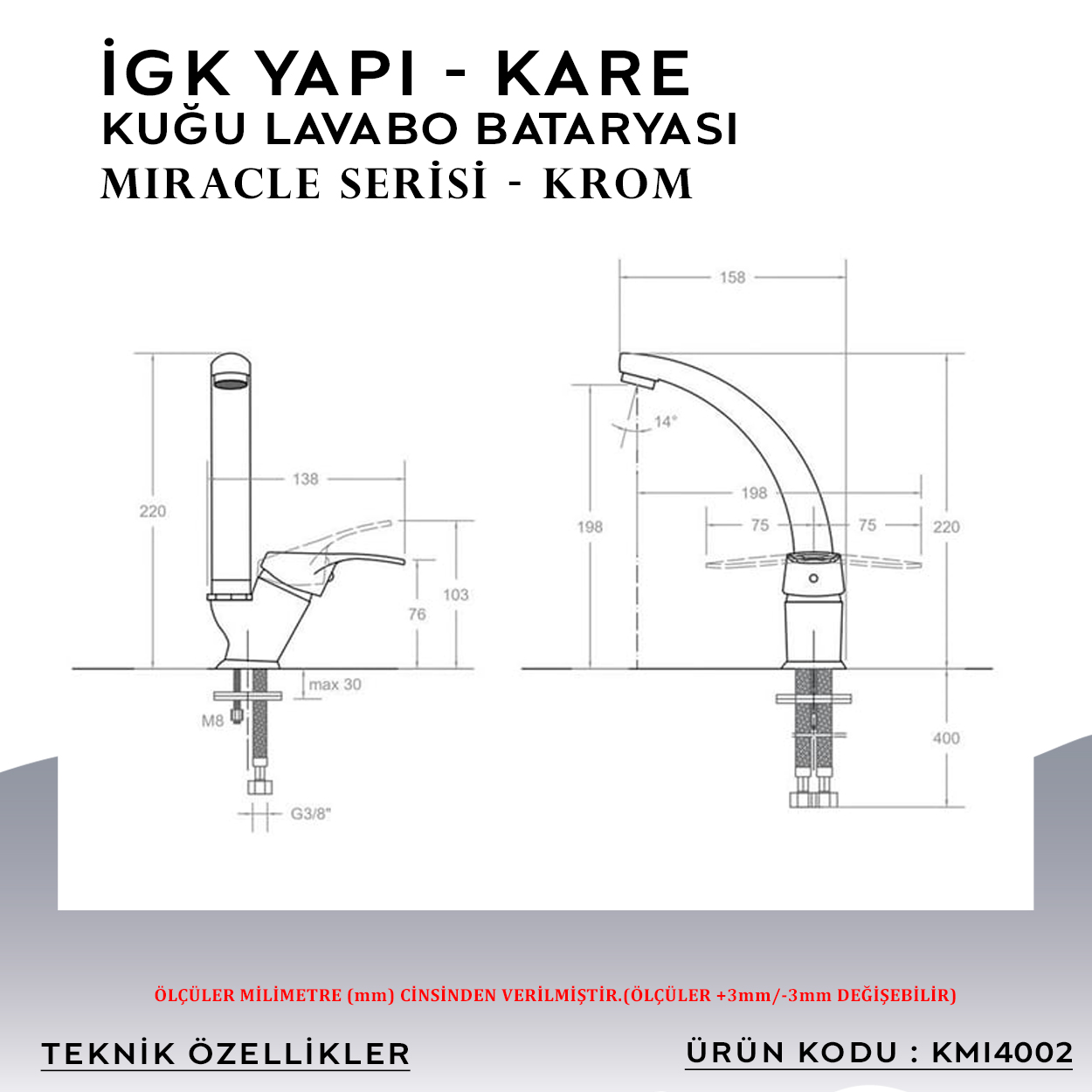 İGK YAPI – KARE KMI4002 Miracle  Kuğu Lavabo Bataryası Thumbnail 5