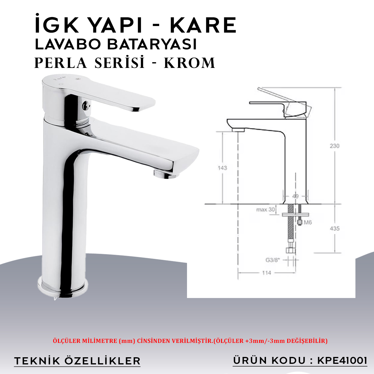 İGK YAPI – KARE KPE41001 Perla Lavabo Bataryası Thumbnail 4