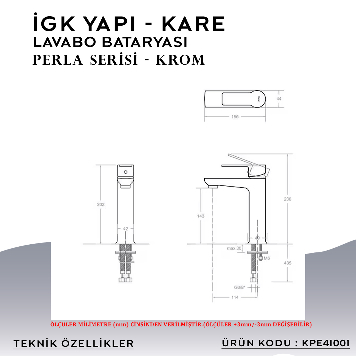 İGK YAPI – KARE KPE41001 Perla Lavabo Bataryası Thumbnail 5