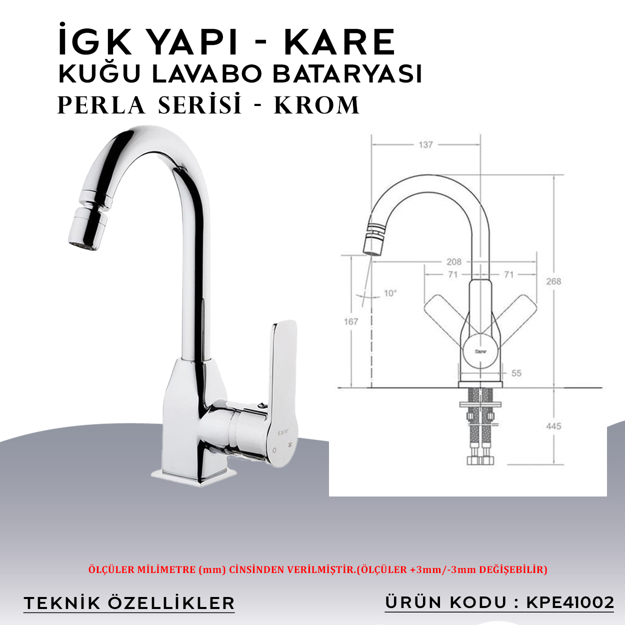 İGK YAPI – KARE KPE41002 Perla Kuğu Lavabo Bataryası Thumbnail 4