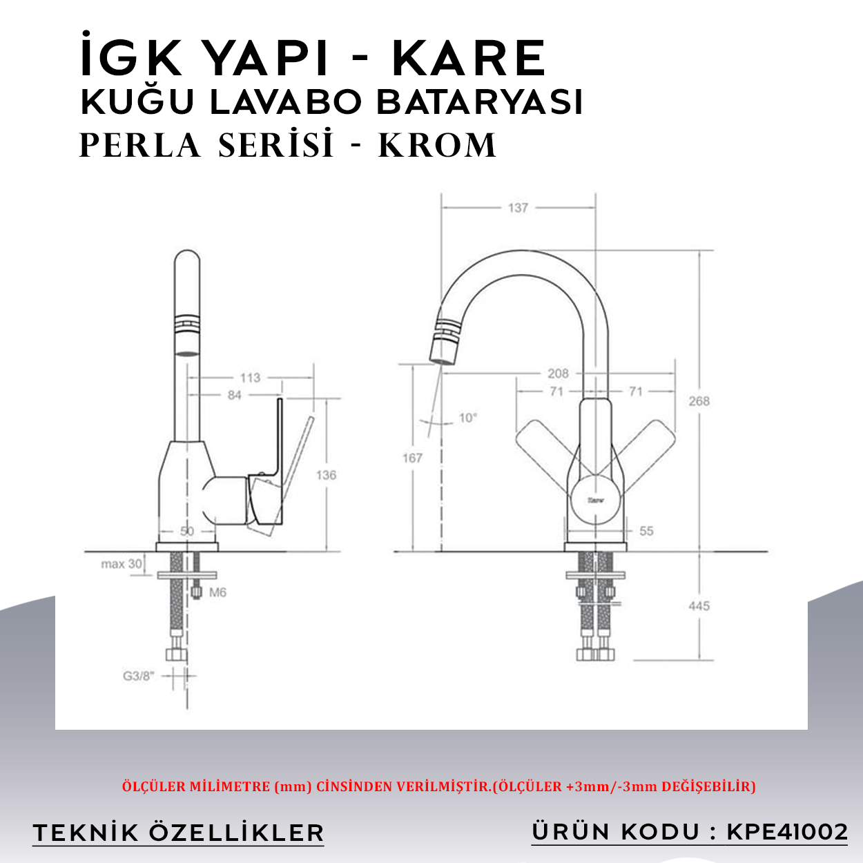 İGK YAPI – KARE KPE41002 Perla Kuğu Lavabo Bataryası Thumbnail 5