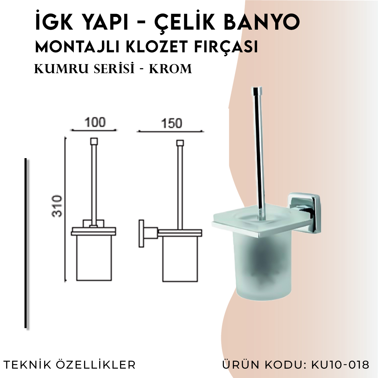 İGK YAPI - Çelik Banyo Kumru Montajlı Klozet Fırçası (KU10-018) Thumbnail 4